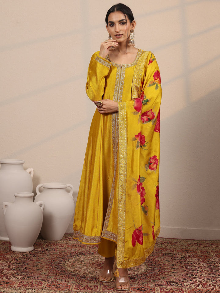 Mustard Embroidered Silk Blend  A-Line Suit Set With Dupatta