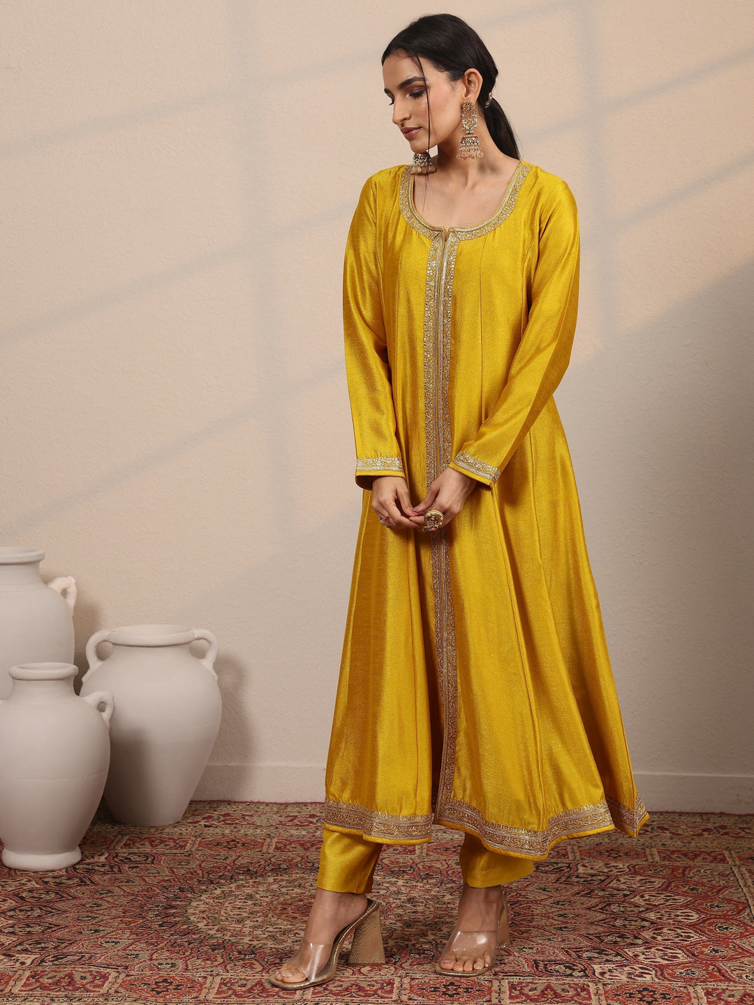 Mustard Embroidered Silk Blend  A-Line Suit Set With Dupatta