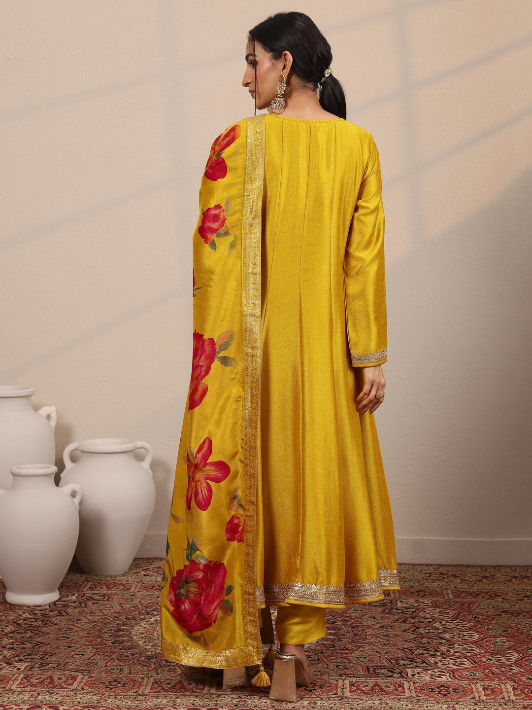 Mustard Embroidered Silk Blend  A-Line Suit Set With Dupatta