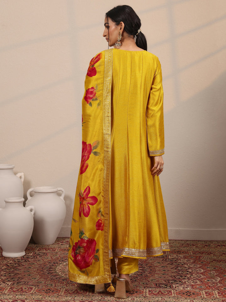 Mustard Embroidered Silk Blend  A-Line Suit Set With Dupatta