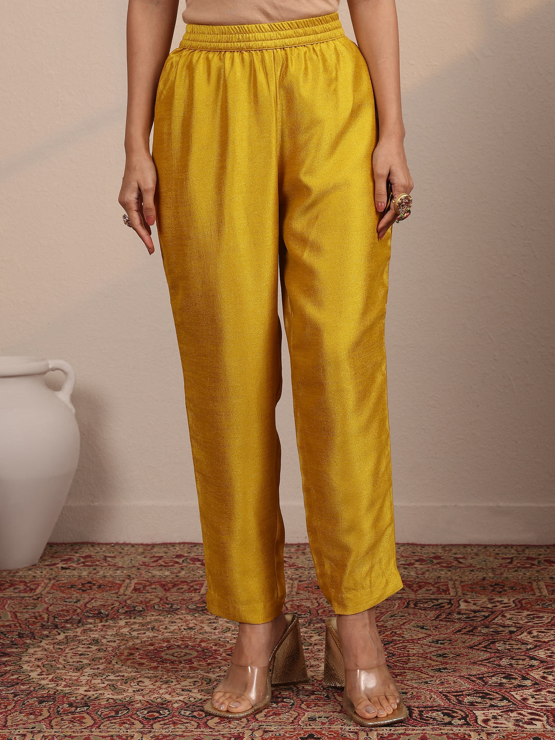 Mustard Embroidered Silk Blend  A-Line Suit Set With Dupatta