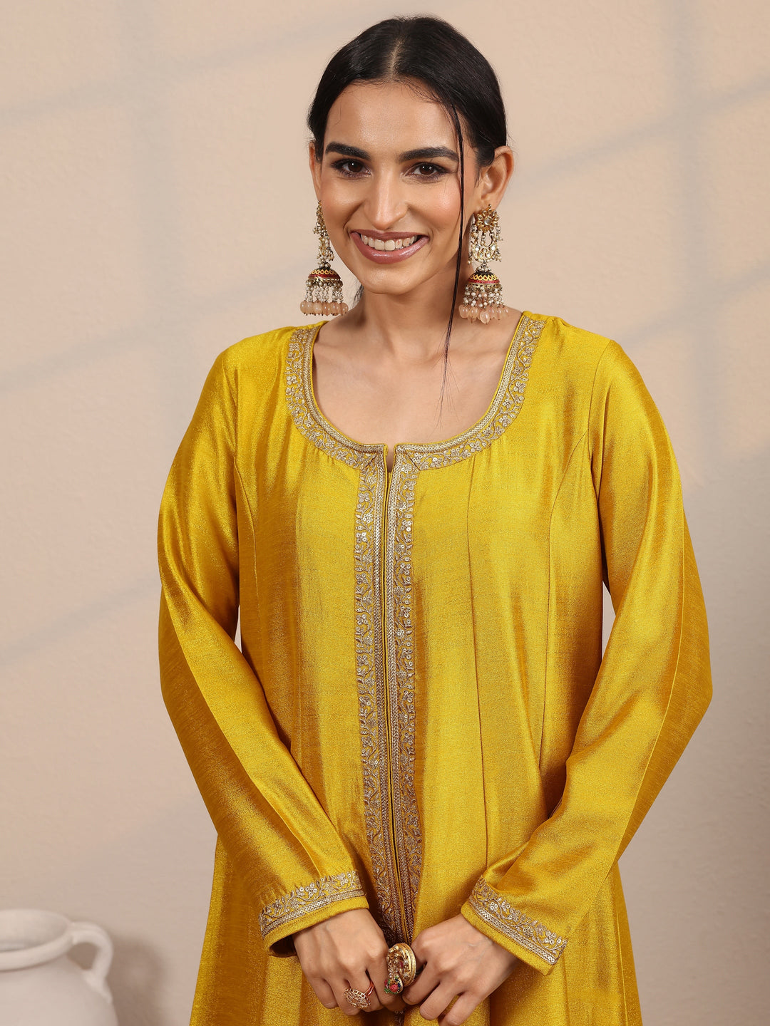 Mustard Embroidered Silk Blend  A-Line Suit Set With Dupatta