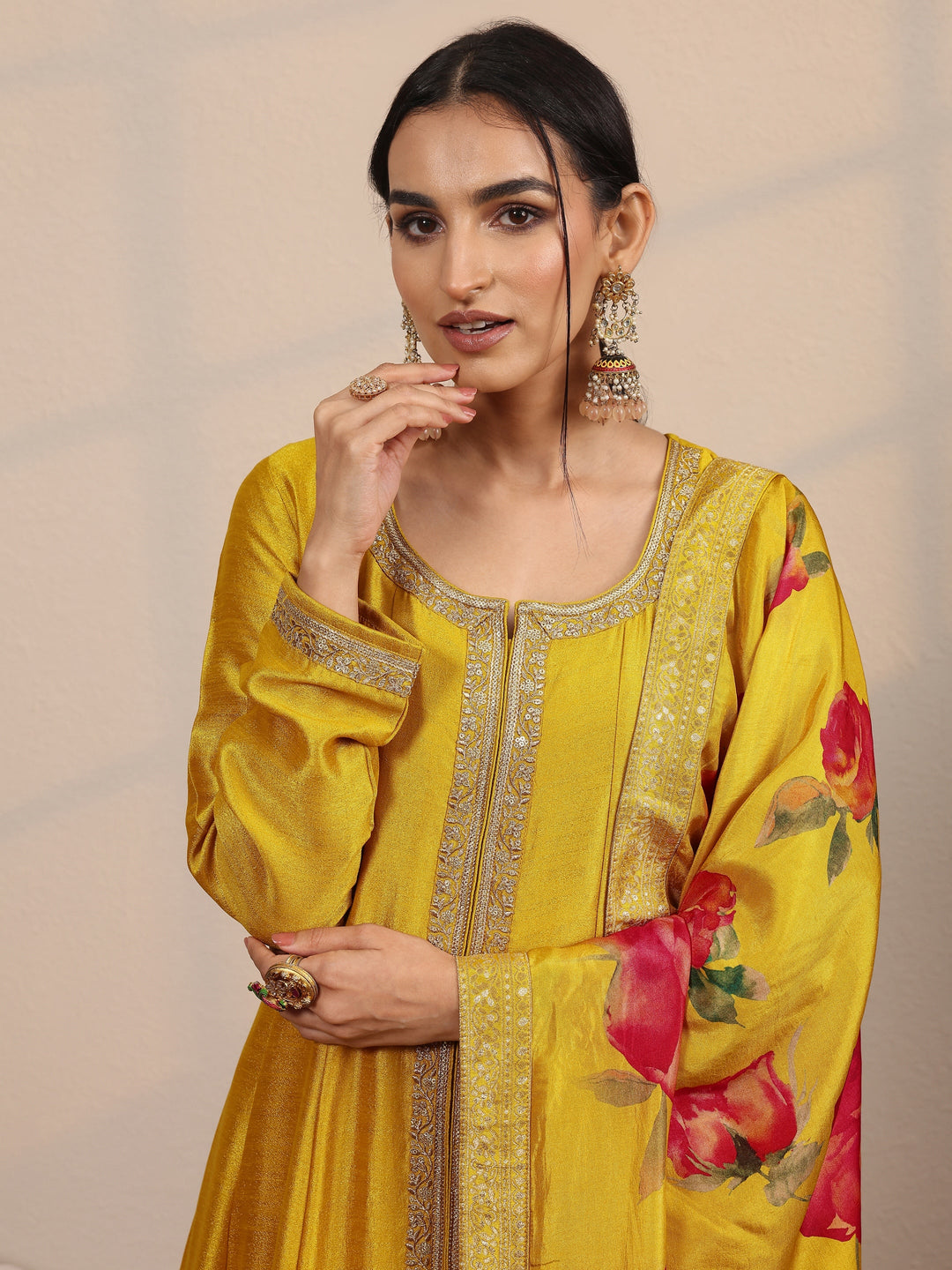 Mustard Embroidered Silk Blend  A-Line Suit Set With Dupatta