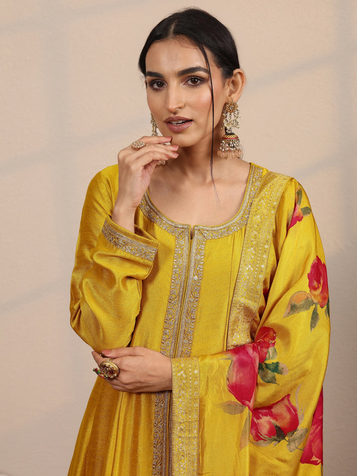Mustard Embroidered Silk Blend  A-Line Suit Set With Dupatta