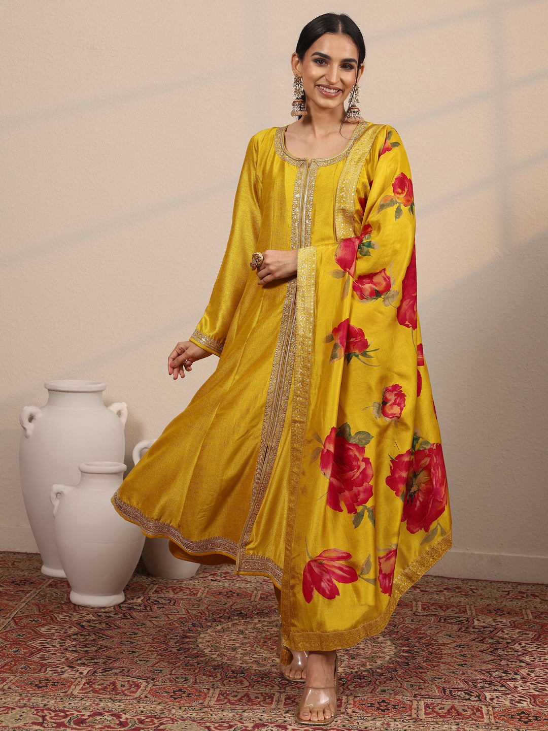 Mustard Embroidered Silk Blend  A-Line Suit Set With Dupatta