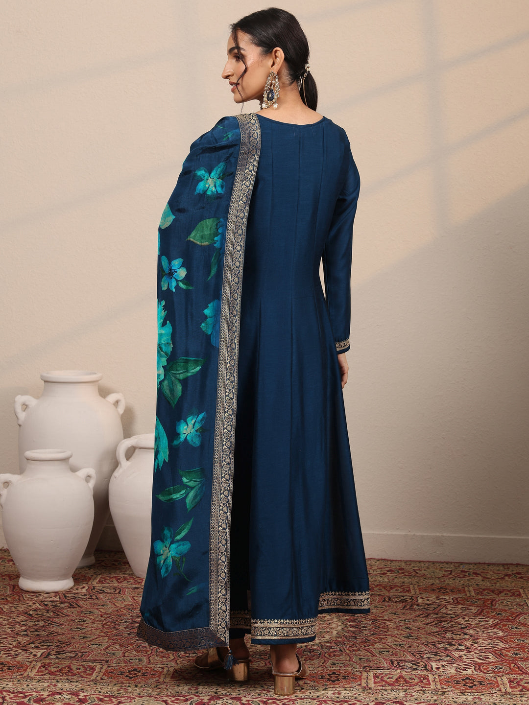 Navy Blue Embroidered Silk Blend  A-Line Suit Set With Dupatta