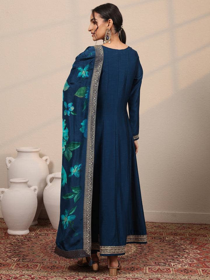 Navy Blue Embroidered Silk Blend  A-Line Suit Set With Dupatta