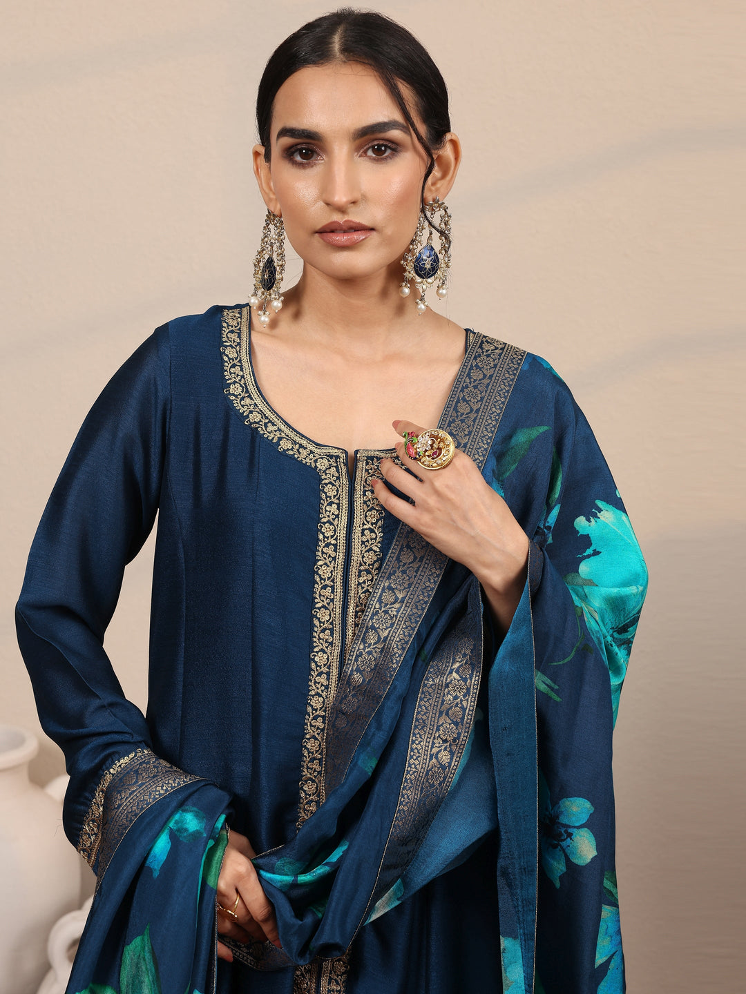 Navy Blue Embroidered Silk Blend  A-Line Suit Set With Dupatta