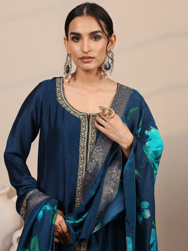 Navy Blue Embroidered Silk Blend  A-Line Suit Set With Dupatta