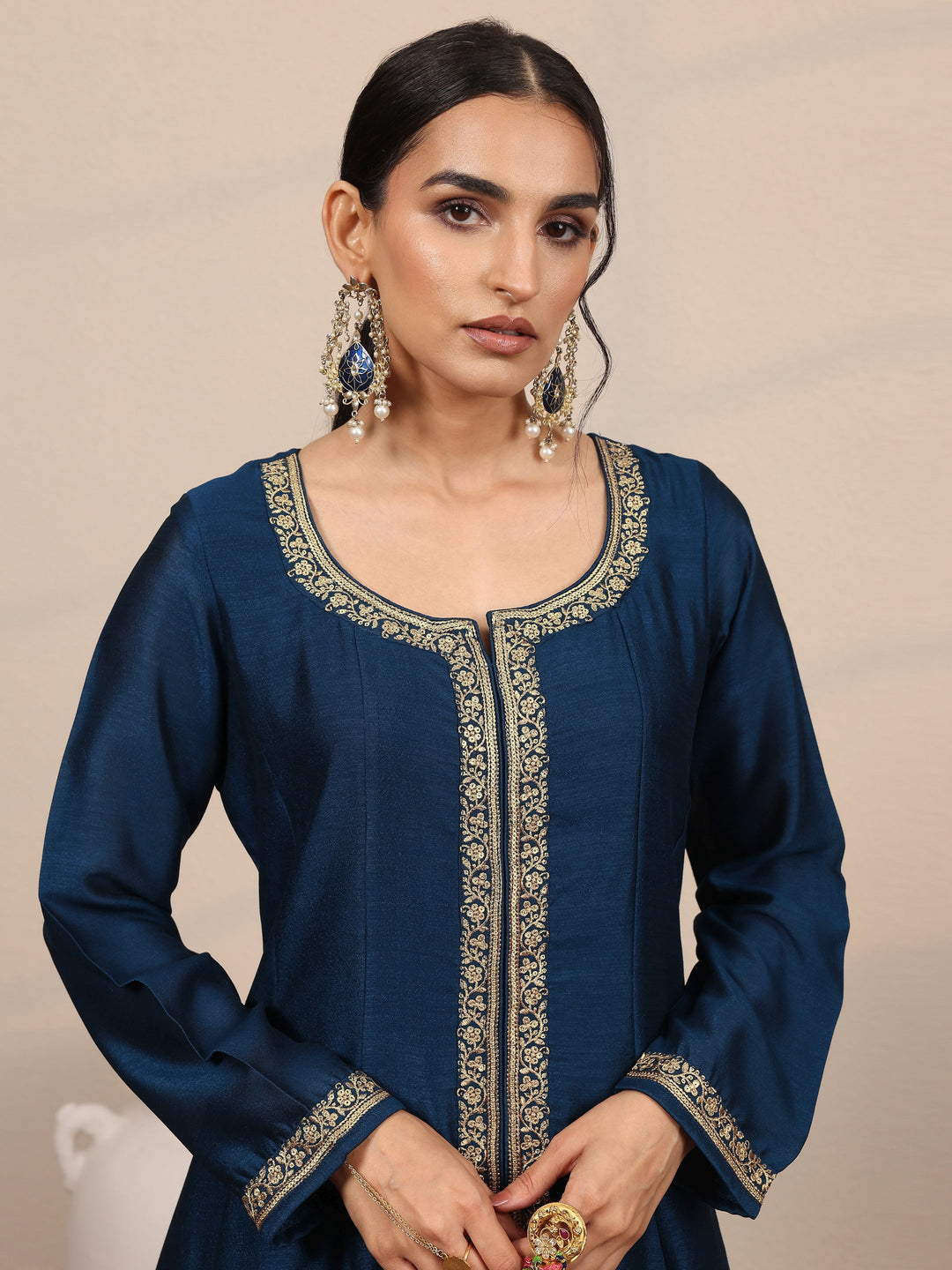 Navy Blue Embroidered Silk Blend  A-Line Suit Set With Dupatta