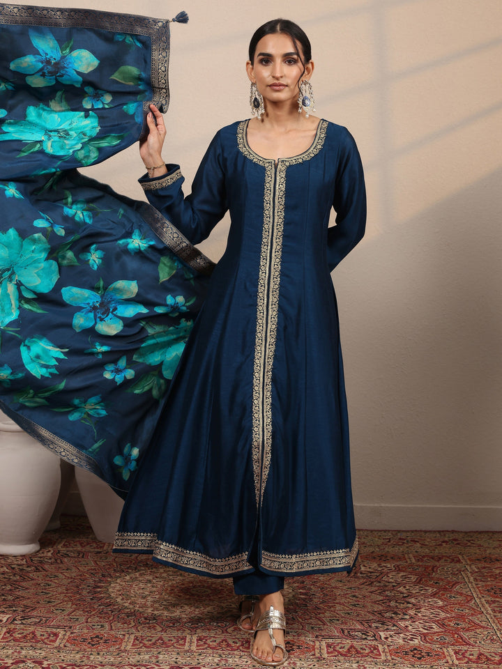 Navy Blue Embroidered Silk Blend  A-Line Suit Set With Dupatta