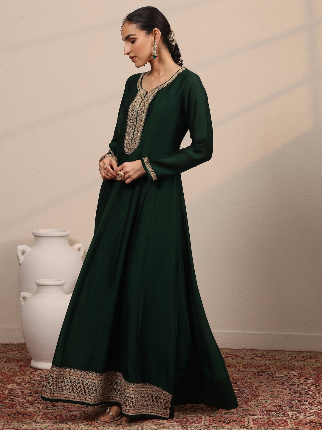Green Embroidered Silk Blend A-Line Gown With Dupatta