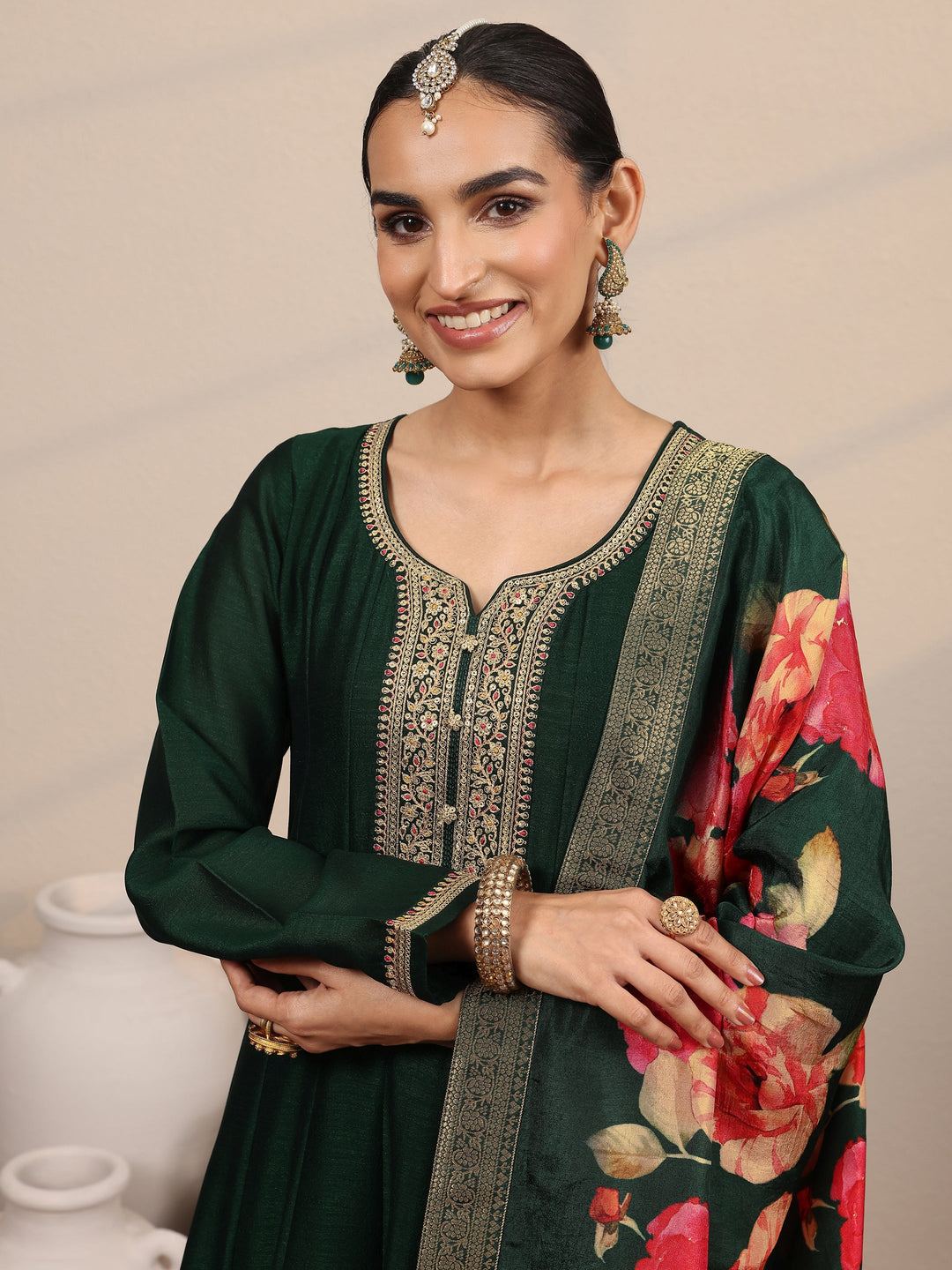 Green Embroidered Silk Blend A-Line Gown With Dupatta
