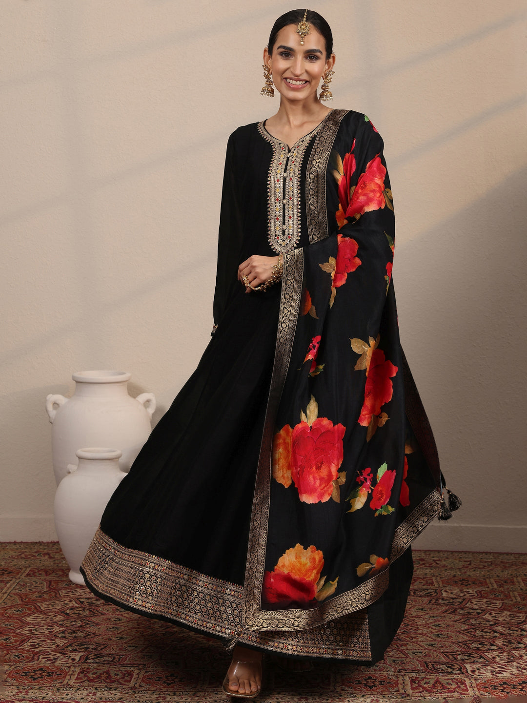 Black Embroidered Silk Blend A-Line Gown With Dupatta