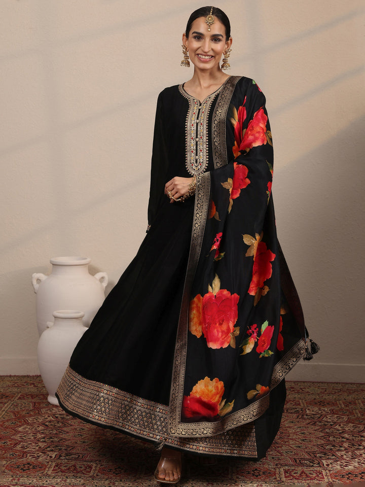 Black Embroidered Silk Blend A-Line Gown With Dupatta