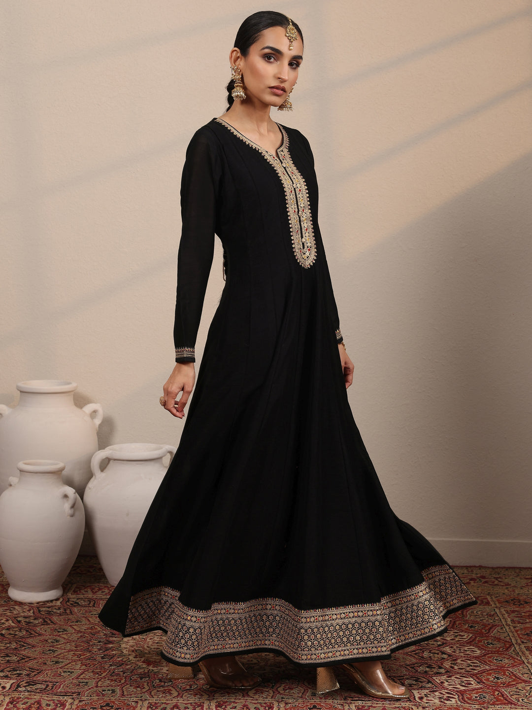 Black Embroidered Silk Blend A-Line Gown With Dupatta