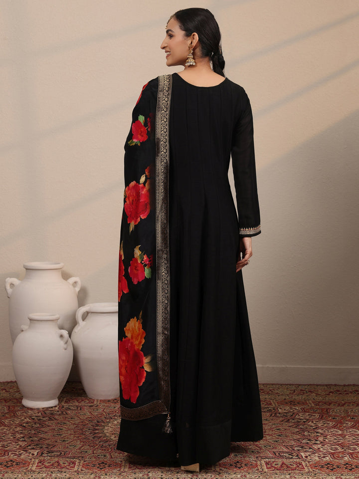 Black Embroidered Silk Blend A-Line Gown With Dupatta