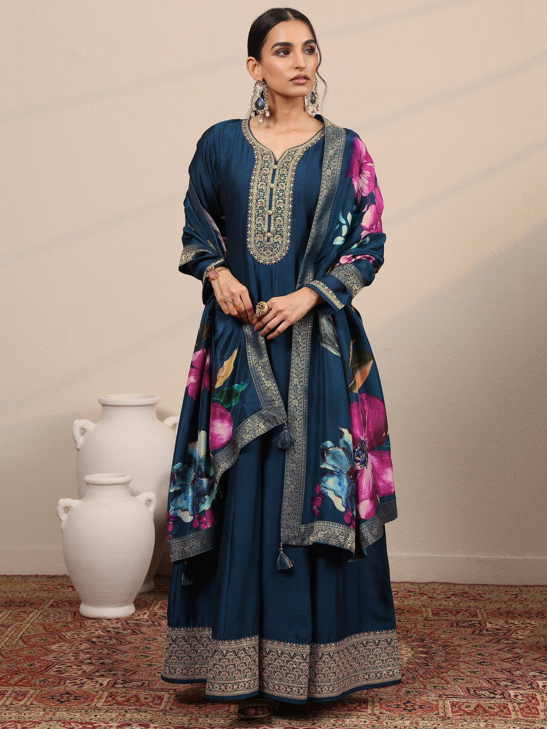 Buy Navy Blue Embroidered Silk Blend A-Line Gown With Dupatta Online in USA at $77.00 | Libas Buy Navy Blue Embroidered Silk Blend A-Line Gown With Dupatta Online in USA at $77.00 | Libas