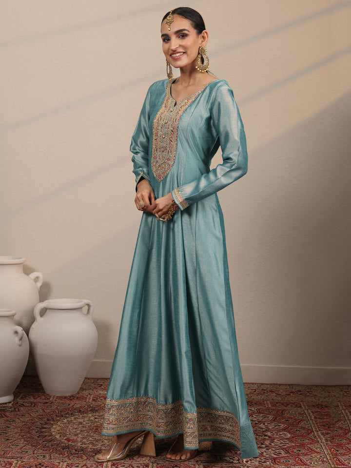 Blue Embroidered Silk blend A-line Gown With Dupatta