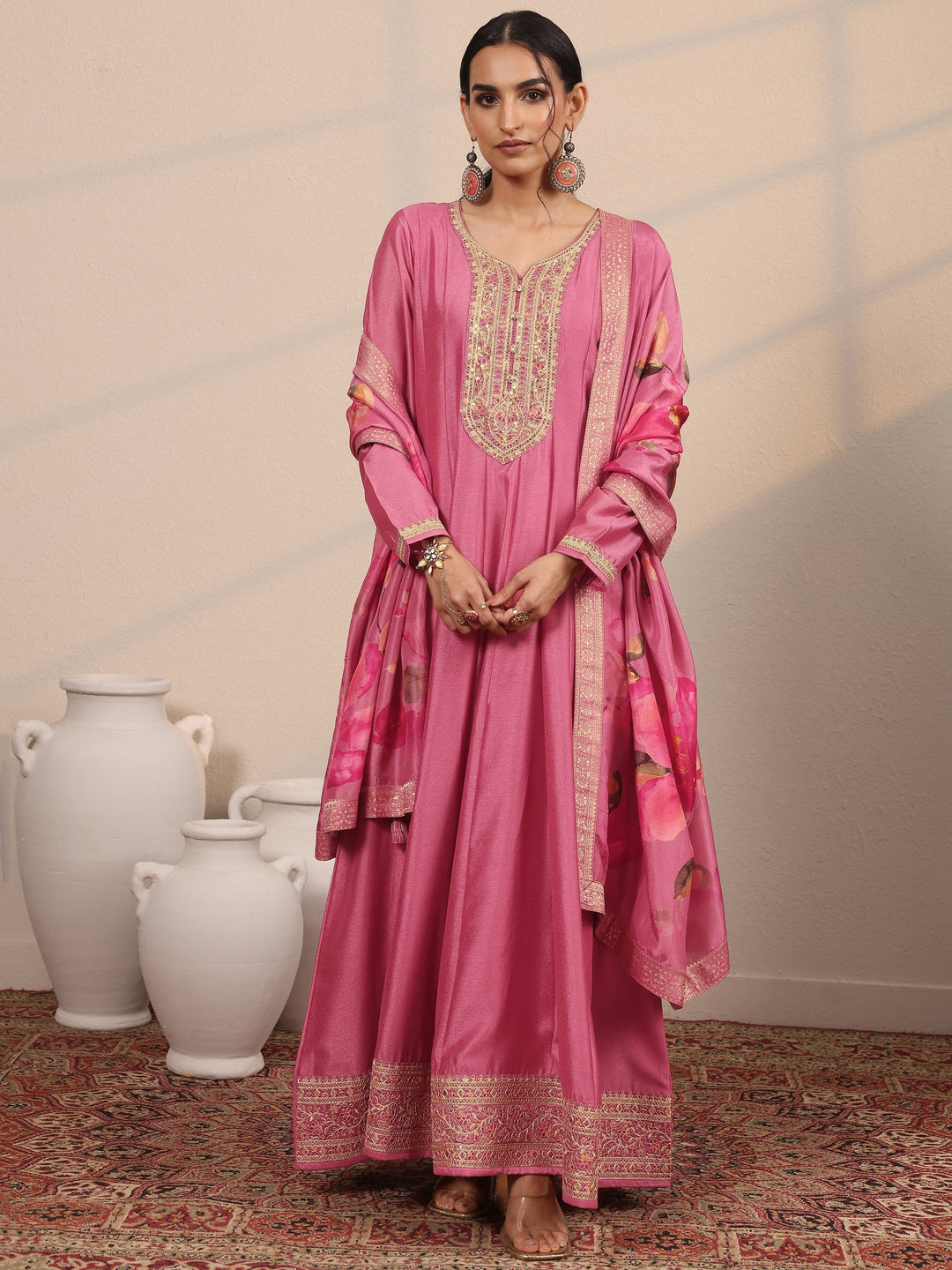 Peach Embroidered Silk Blend A-Line Gown With Dupatta