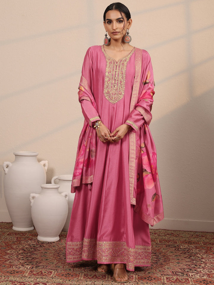 Peach Embroidered Silk Blend A-Line Gown With Dupatta