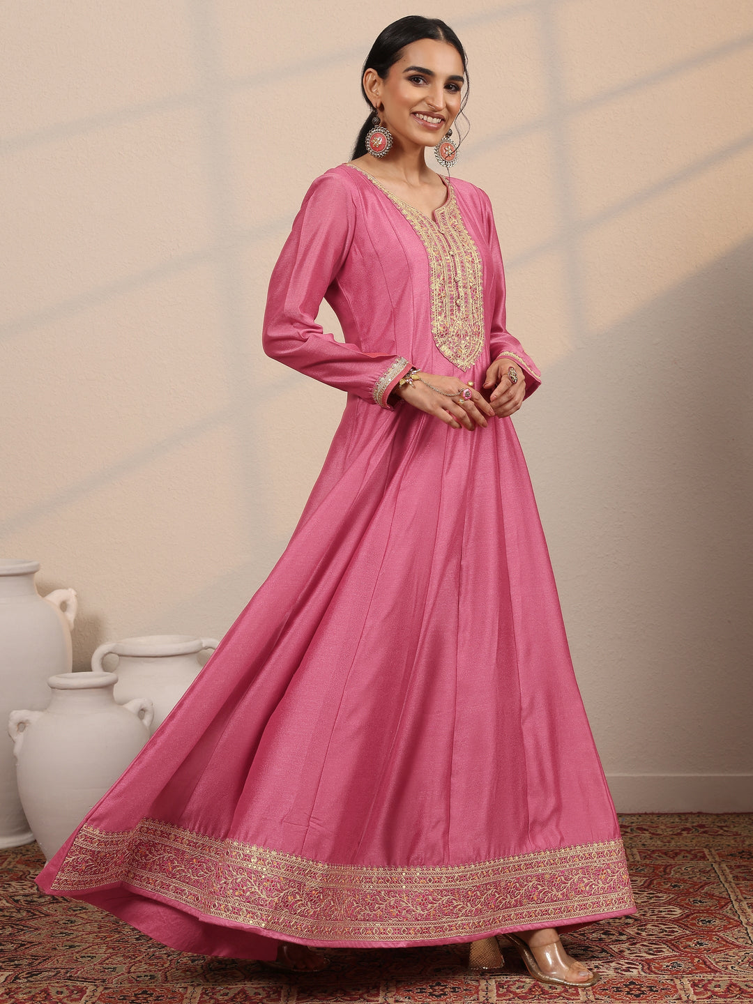 Peach Embroidered Silk Blend A-Line Gown With Dupatta
