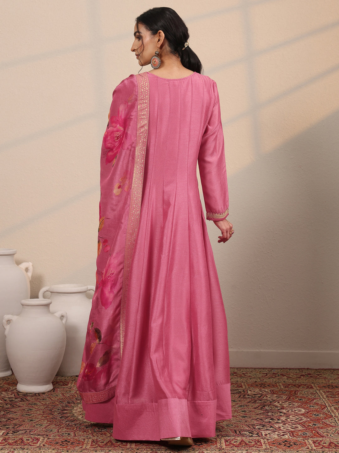 Peach Embroidered Silk Blend A-Line Gown With Dupatta