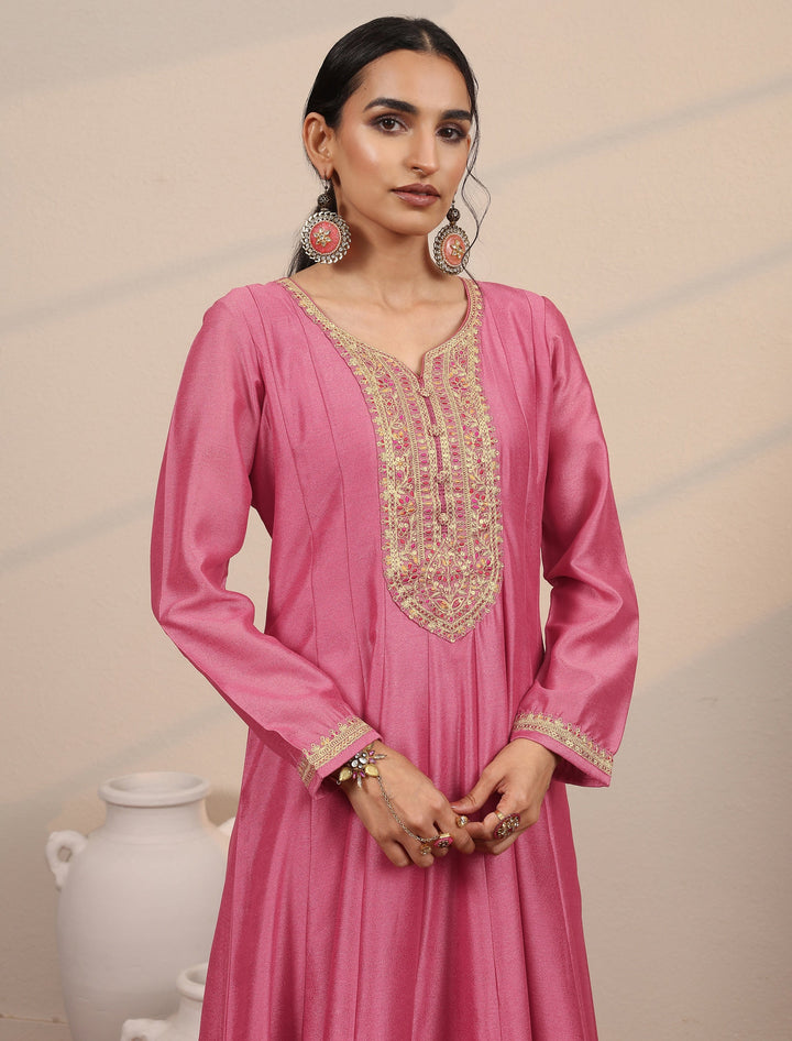 Peach Embroidered Silk Blend A-Line Gown With Dupatta
