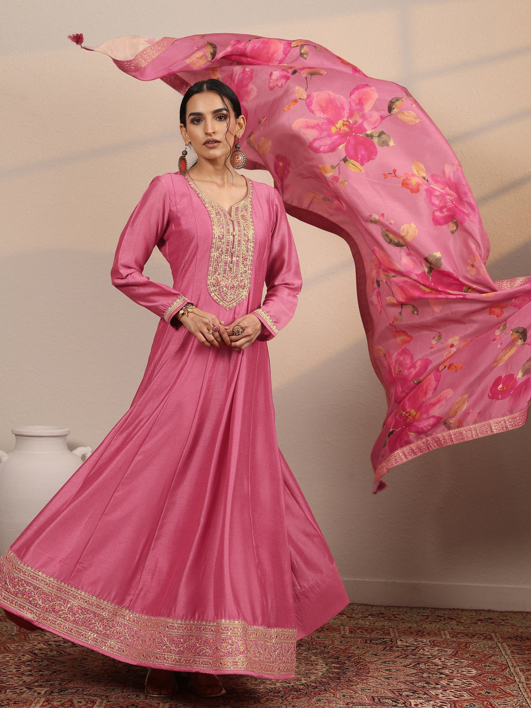 Peach Embroidered Silk Blend A-Line Gown With Dupatta