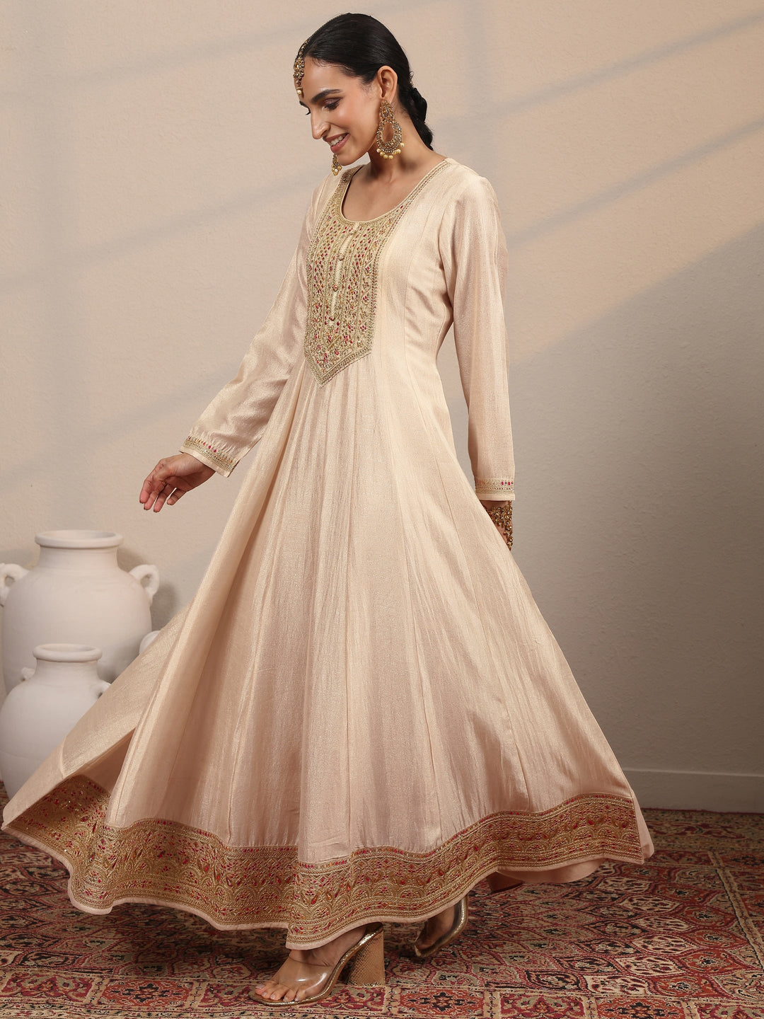 Off White Embroidered Silk Blend A-Line Gown With Dupatta