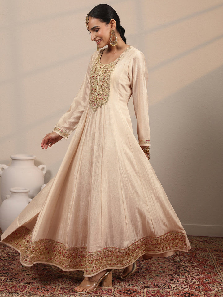 Off White Embroidered Silk Blend A-Line Gown With Dupatta