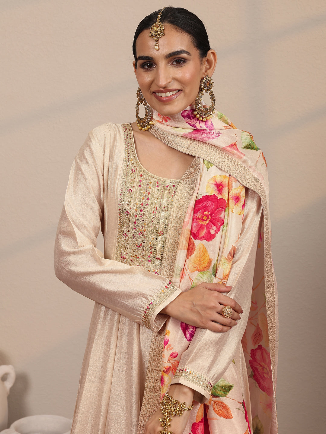 Off White Embroidered Silk Blend A-Line Gown With Dupatta