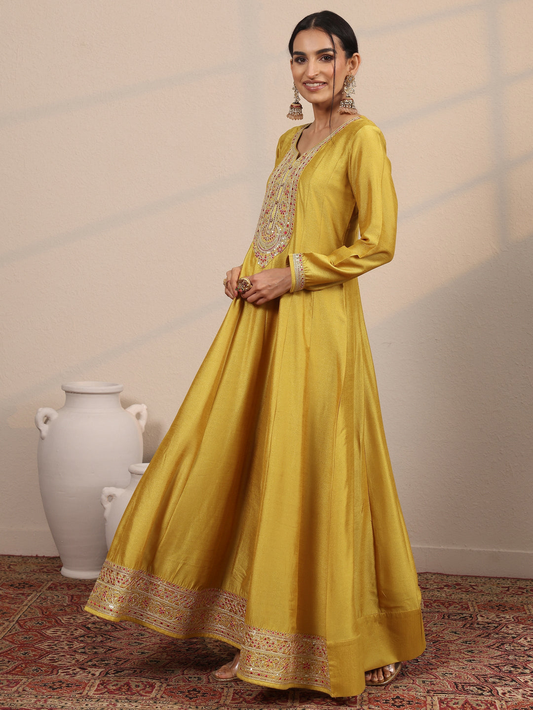 Mustard Embroidered Silk Blend A-Line Gown With Dupatta