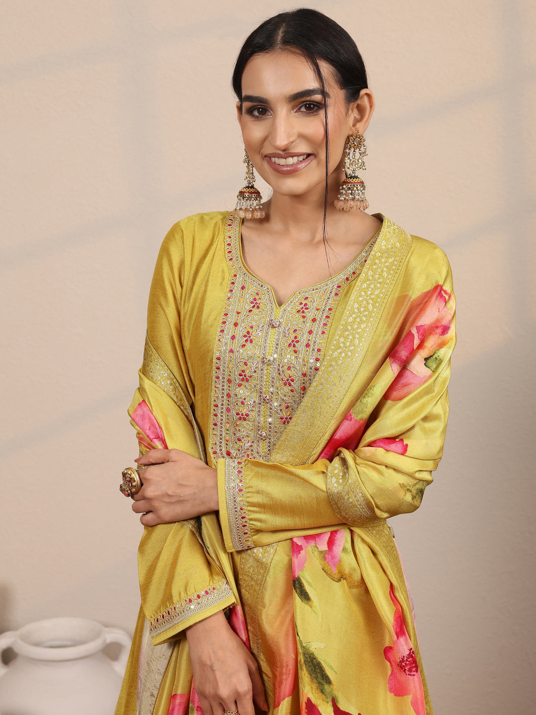 Mustard Embroidered Silk Blend A-Line Gown With Dupatta
