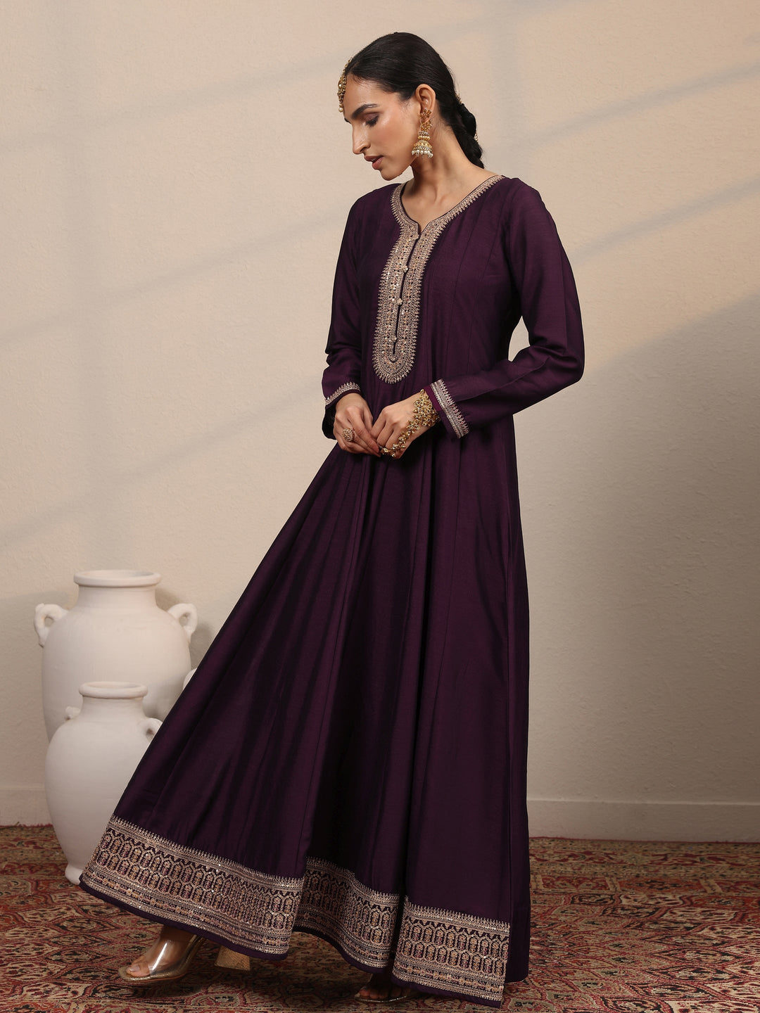 Burgundy Embroidered Silk Blend A-Line Gown With Dupatta