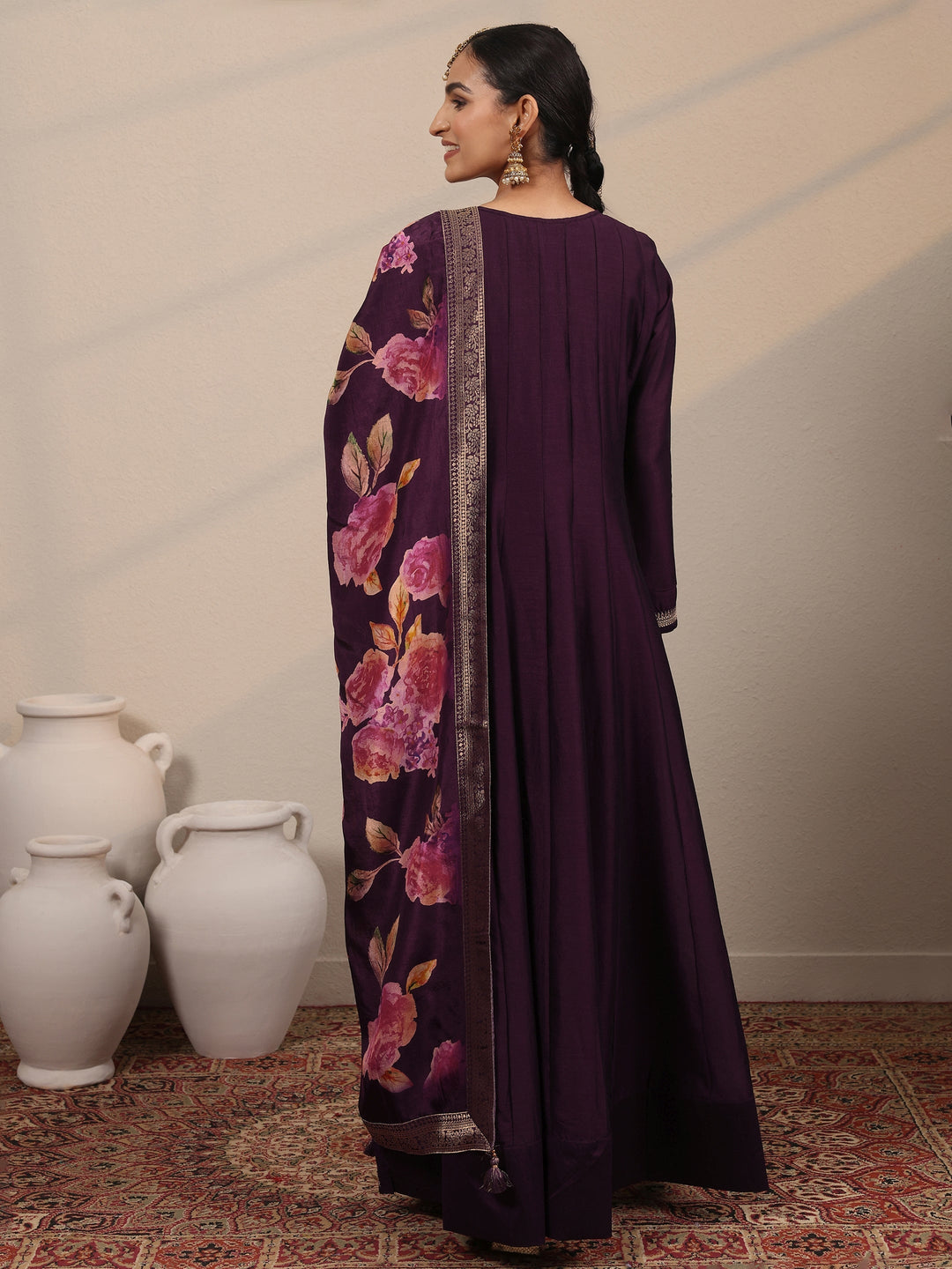 Burgundy Embroidered Silk Blend A-Line Gown With Dupatta