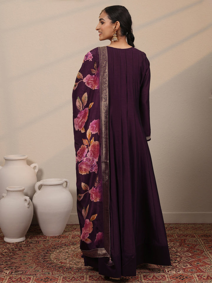 Burgundy Embroidered Silk Blend A-Line Gown With Dupatta