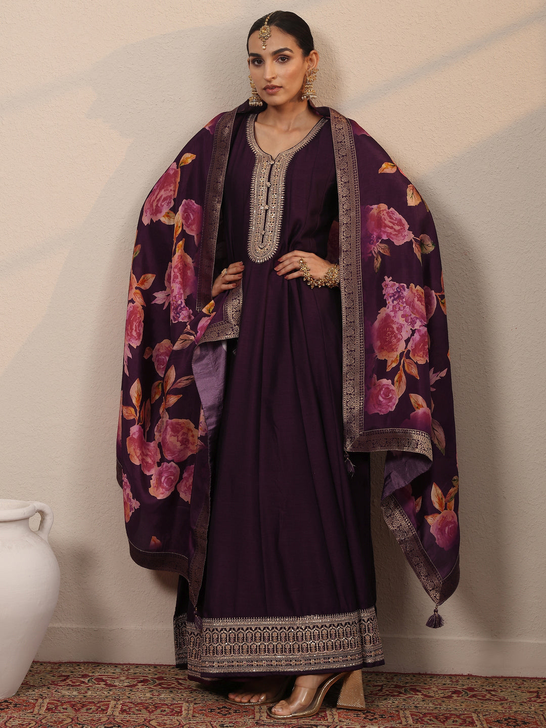 Burgundy Embroidered Silk Blend A-Line Gown With Dupatta