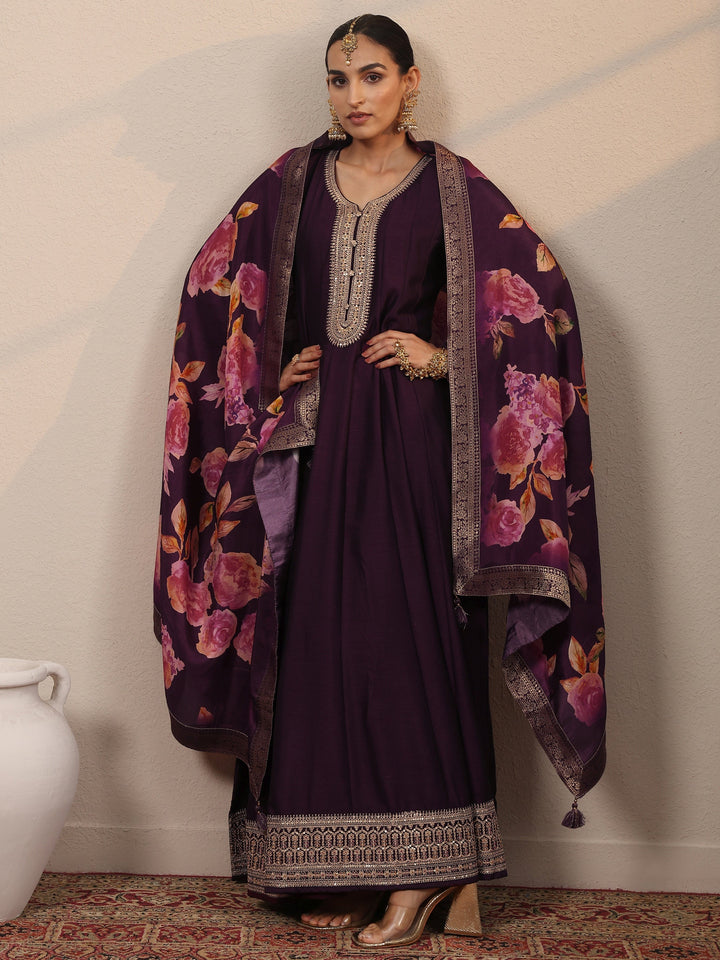 Burgundy Embroidered Silk Blend A-Line Gown With Dupatta