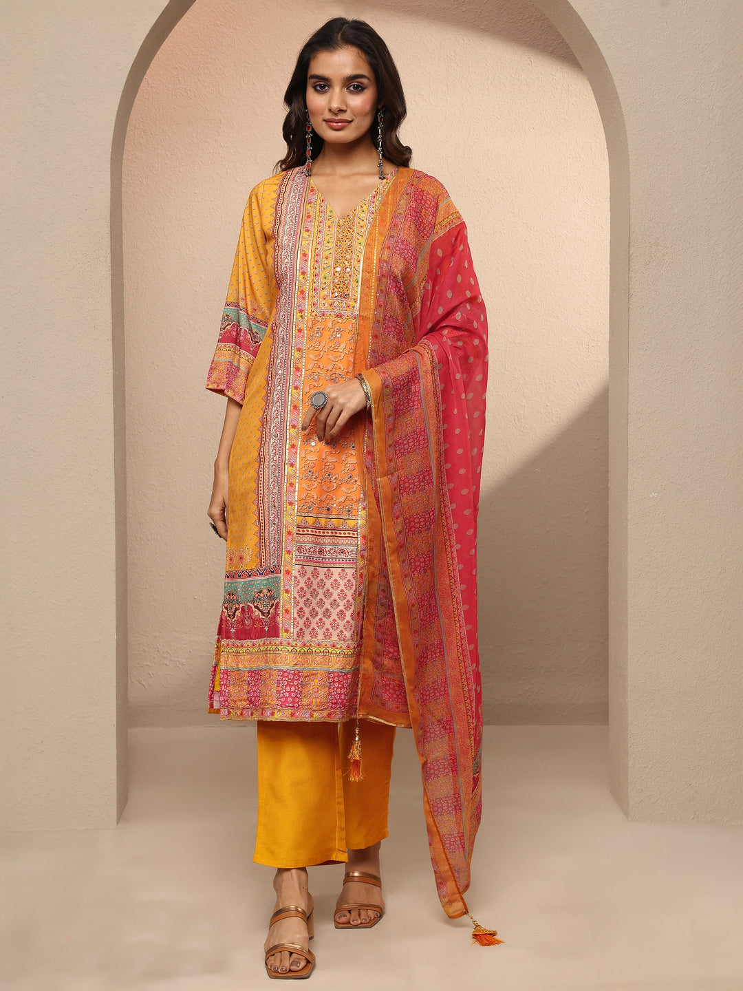 Multi Printed Silk Blend Straight Suit Set With Dupatta