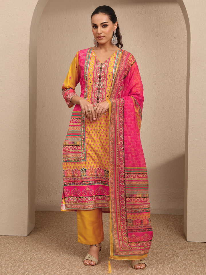 Multi Printed Silk blend Straight Suit Set With Dupatta