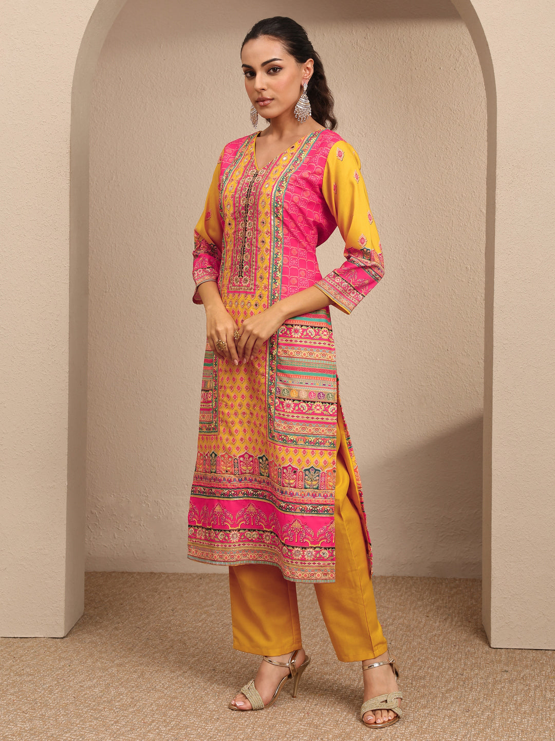 Multi Printed Silk blend Straight Suit Set With Dupatta