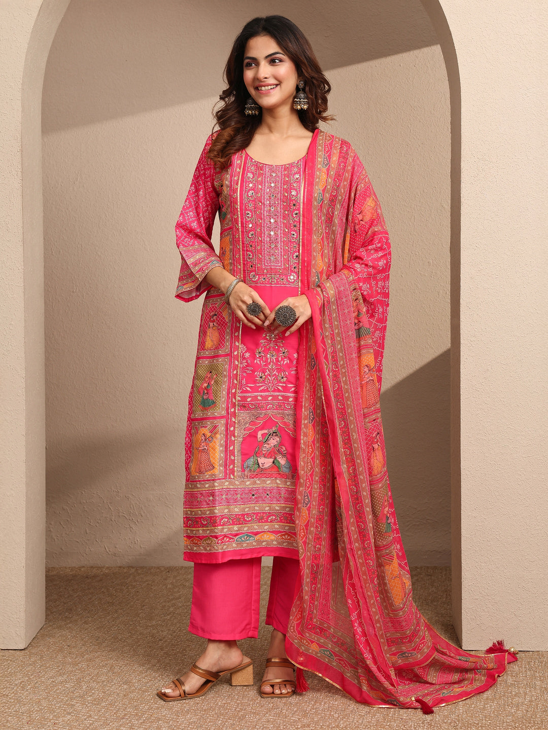 Pink Printed Silk blend Straight Suit Set With Dupatta