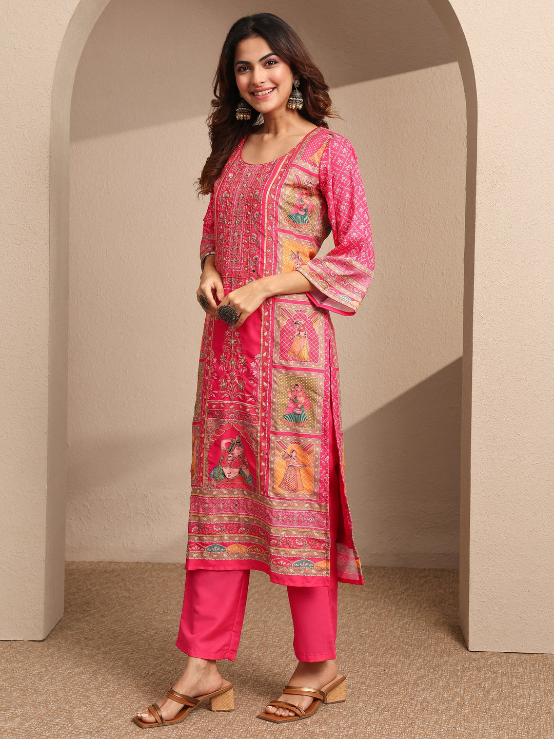 Pink Printed Silk blend Straight Suit Set With Dupatta