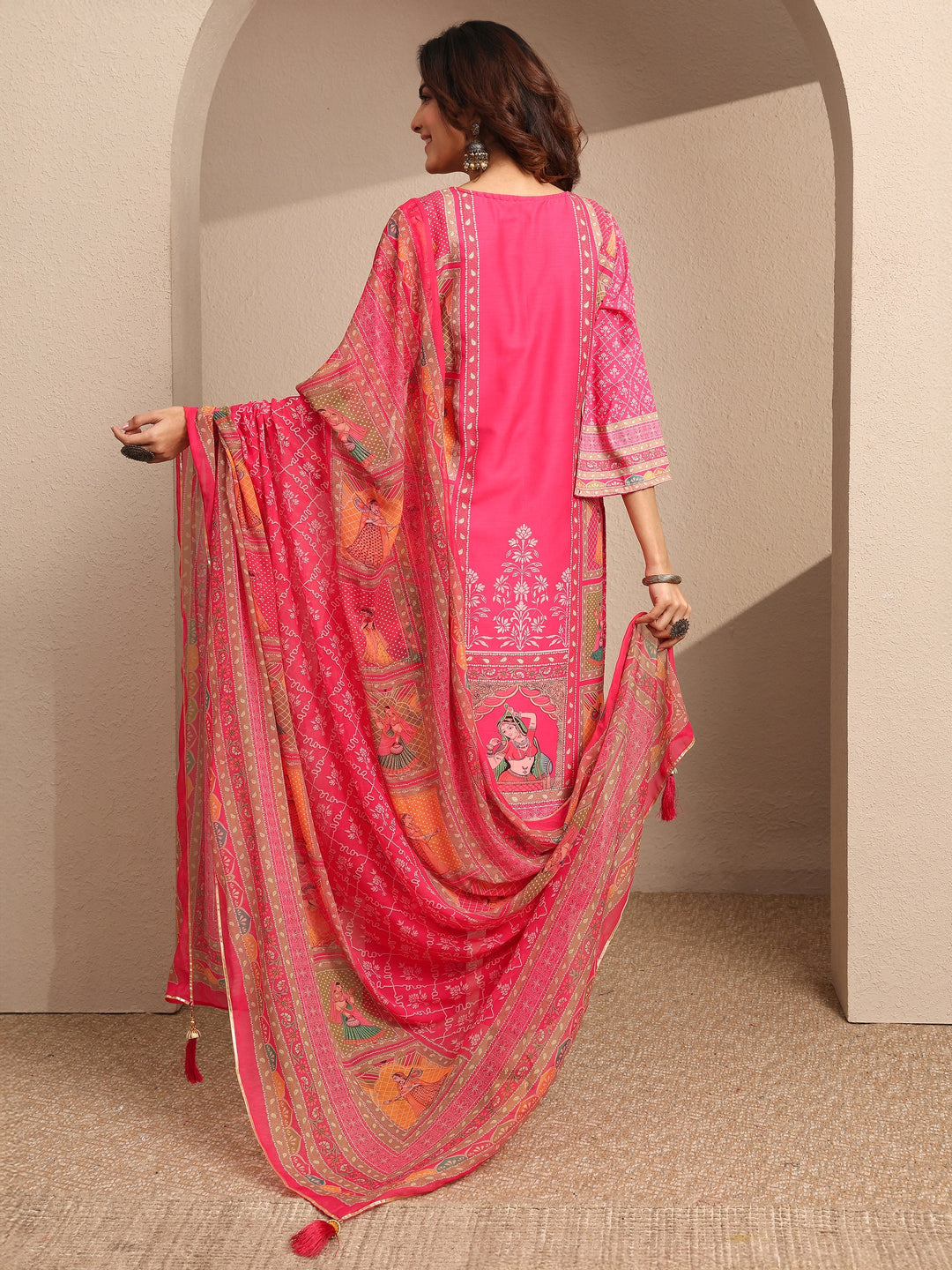 Pink Printed Silk blend Straight Suit Set With Dupatta