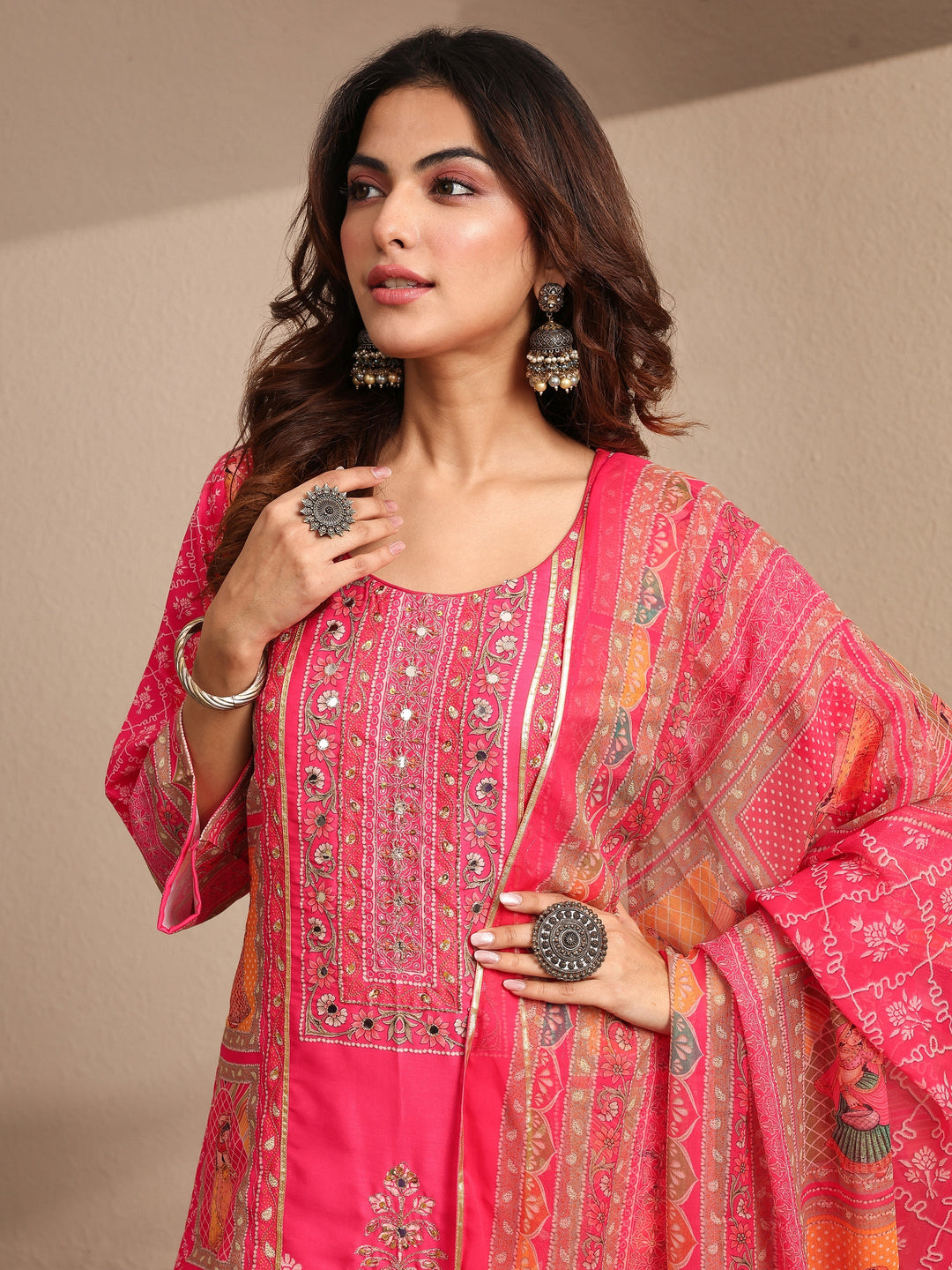 Pink Printed Silk blend Straight Suit Set With Dupatta