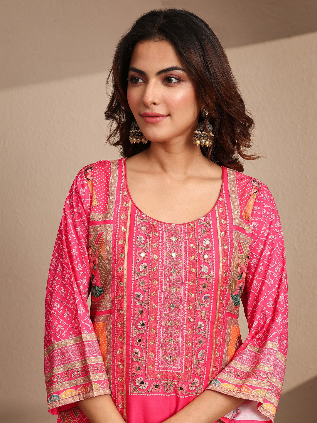 Pink Printed Silk blend Straight Suit Set With Dupatta