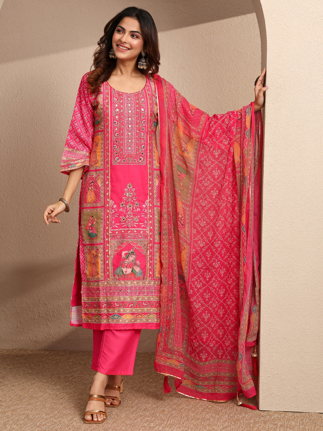 Pink Printed Silk blend Straight Suit Set With Dupatta