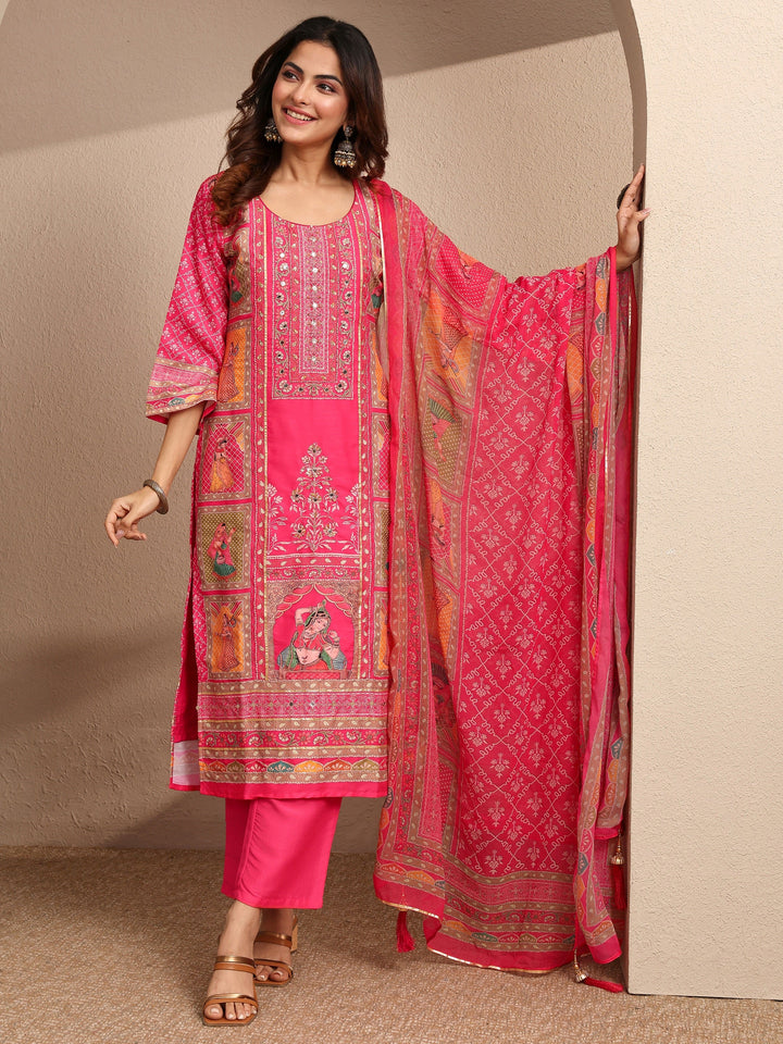 Pink Printed Silk blend Straight Suit Set With Dupatta