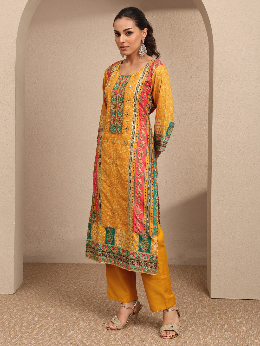 Multi Printed Silk blend Straight Suit Set With Dupatta